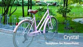  Presentation with bicycle - Beautiful slide deck featuring flagstone - bicycle at parking place outside backdrop and a teal colored foreground