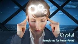  Presentation with airplane wing through airplane window - PPT theme enhanced with mechanism pain - stressed businesswoman against room background and a  colored foreground