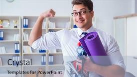  Presentation with gym - PPT theme featuring health wellness workplace - businessman preparing to go exercising background and a  colored foreground