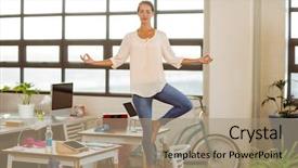  Presentation with health wellness - Cool new slide deck with health wellness workplace - female business executive performing yoga backdrop and a coral colored foreground