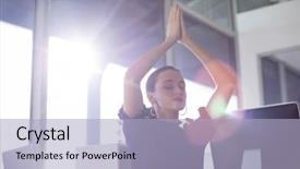  Presentation with health wellness - Beautiful theme featuring health wellness workplace - female executive doing yoga backdrop and a light blue colored foreground