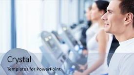  Presentation with young people in the club - Presentation theme consisting of health work - happy young people on treadmills background and a  colored foreground