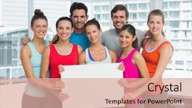  Presentation with people - Colorful presentation enhanced with health work - portrait of fit smiling young backdrop and a coral colored foreground