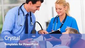  Presentation with patient simulation - Beautiful presentation design featuring health worker - dermatologist and assistant recording senior backdrop and a teal colored foreground