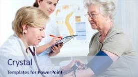  Presentation with senior worker - Amazing PPT layouts having health worker - female doctor measuring blood pressure backdrop and a light blue colored foreground