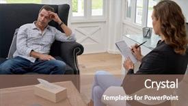  Presentation with consulting - Presentation theme with health worker - female psychologist consulting mature man background and a coral colored foreground