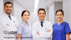  Presentation with health care team building - Colorful theme enhanced with healthcare - clinic profession people health care backdrop and a sky blue colored foreground