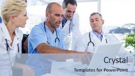  Presentation with medical laptop - Colorful slides enhanced with healthcare - doctor showing laptop pc backdrop and a light blue colored foreground