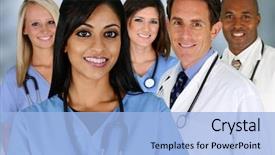  Presentation with nurses - Cool new PPT layouts with healthcare - group of doctors and nurses backdrop and a light blue colored foreground