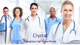  Presentation with doctor in hospital health insurance related icons healthcare person saving medical - Presentation theme consisting of healthcare - group of medical doctors background and a sky blue colored foreground