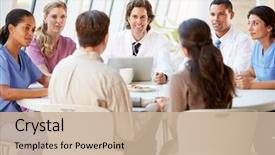  Presentation with treatment - Cool new PPT layouts with healthcare - medical team discussing treatment options backdrop and a soft green colored foreground