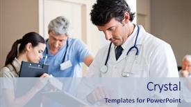  Presentation with digital healthcare - Presentation having healthcare - mid adult male doctor using background and a lemonade colored foreground