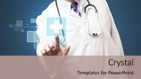  Presentation with aged - Cool new PPT layouts with healthcare - middle aged doctor pressing modern backdrop and a coral colored foreground