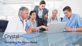  Presentation with team meeting - Slide set with healthcare - team of doctors and businesswoman background and a light blue colored foreground