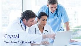  Presentation with medical laptop - Colorful presentation theme enhanced with healthcare - team of doctors working backdrop and a sky blue colored foreground