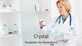  Presentation with plastic container - Slides enhanced with healthcare ages - female doctor looking through various background and a  colored foreground