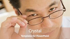  Presentation with glasses - Presentation theme with healthcare ages - man looking through new glasses background and a  colored foreground