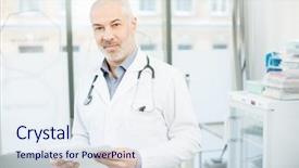  Presentation with patients - Cool new PPT theme with healthcare ages - mature clinician looking through medical backdrop and a  colored foreground