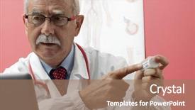  Presentation with patient and doctor - Audience pleasing slides consisting of healthcare ages - senior doctor speaking with patient backdrop and a coral colored foreground