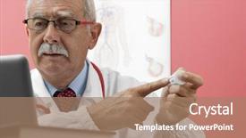  Presentation with speaking - Slides enhanced with healthcare ages - senior doctor speaking with patient background and a coral colored foreground