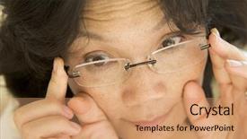  Presentation with eye glasses looking at world - Colorful PPT theme enhanced with healthcare ages - woman looking through new glasses backdrop and a  colored foreground