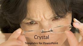  Presentation with glasses - Presentation having healthcare ages - woman looking through new glasses background and a  colored foreground