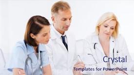  Presentation with team group - Slide set enhanced with healthcare and medical concept - team or group of doctors on meeting background and a sky blue colored foreground