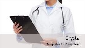  Presentation with clipboard stethoscope - Presentation design having healthcare and medicine concept - smiling female doctor with stethoscope and clipboard background and a light gray colored foreground