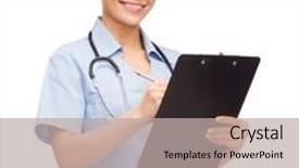  Presentation with clipboard stethoscope - Beautiful slide set featuring healthcare and medicine concept - smiling female doctor or nurse with stethoscope and clipboard backdrop and a mint green colored foreground