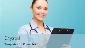  Presentation with clipboard stethoscope - Beautiful PPT theme featuring healthcare and medicine concept - smiling female doctor or nurse with stethoscope and clipboard backdrop and a light blue colored foreground