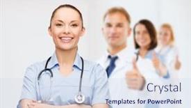  Presentation with nurse team - Presentation theme with healthcare and medicine concept - smiling female doctor or nurse with stethoscope and team on the back showing thumbs up background and a sky blue colored foreground