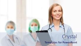  Presentation with clipboard stethoscope - Audience pleasing slide set consisting of healthcare and medicine concept - smiling female doctor or nurse with clipboard and stethoscope backdrop and a light blue colored foreground