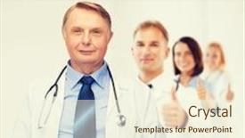  Presentation with professor - Slide deck enhanced with healthcare and medicine concept - smiling standing doctor or professor with stethoscope background and a cream colored foreground