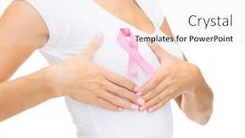  Presentation with breast cancer shirt - PPT layouts having healthcare and medicine concept - woman in blank t-shirt with pink breast cancer awareness ribbon checking breast background and a sky blue colored foreground