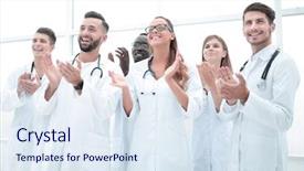  Presentation with award - Beautiful PPT theme featuring healthcare award - fellow doctors are applauding backdrop and a sky blue colored foreground