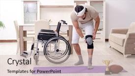  Presentation with exercises - Slide set with healthcare award - injured young man doing exercises background and a soft green colored foreground