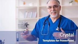  Presentation with old - Colorful presentation enhanced with healthcare award - white bearded old doctor working backdrop and a  colored foreground
