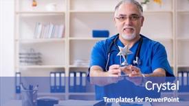  Presentation with clinic - Slide set with healthcare award - white bearded old doctor working background and a ocean colored foreground