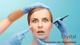  Presentation with beautician - Colorful presentation theme enhanced with healthcare beauty and medicine concept - beautiful woman face and beautician hands with pencil and scalpel backdrop and a light blue colored foreground