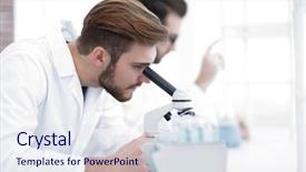  Presentation with laboratory chemical - Theme enhanced with healthcare business development - serious clinician studying chemical element background and a  colored foreground