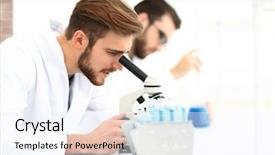  Presentation with laboratory chemical - Beautiful slides featuring healthcare business development - serious clinician studying chemical element backdrop and a sky blue colored foreground