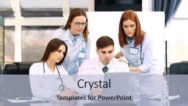  Presentation with conference - Colorful presentation design enhanced with healthcare business plan - medical workers working in conference backdrop and a  colored foreground