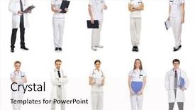  Presentation with medical worker and brain - Colorful presentation theme enhanced with healthcare collage - many different medical workers isolated backdrop and a white colored foreground