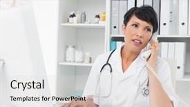  Presentation with healthcare communication - Presentation theme with healthcare communication - concentrated female doctor using computer background and a light gray colored foreground