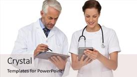  Presentation with healthcare communication - Colorful slide deck enhanced with healthcare communication - male and female doctors backdrop and a  colored foreground