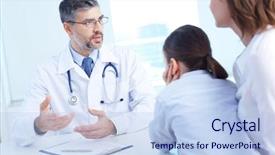  Presentation with portrait of excited overjoyed female - Amazing presentation design having healthcare communication - portrait of confident practitioner speaking backdrop and a light blue colored foreground