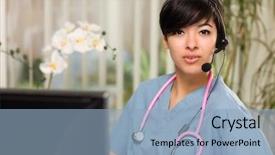  Presentation with scrubs - Amazing presentation theme having healthcare communication - smiling attractive multi-ethnic young woman backdrop and a light blue colored foreground