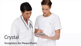  Presentation with tablets wood table tablet white - Amazing presentation theme having healthcare communication - two female doctors using digital backdrop and a sky blue colored foreground