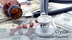  Presentation with medical pills - Amazing PPT layouts having healthcare cost - medical stethoscope and pills backdrop and a light blue colored foreground