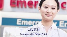  Presentation with portrait of excited overjoyed female - Colorful presentation theme enhanced with healthcare disaster - portrait of smiling female doctor backdrop and a sky blue colored foreground